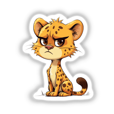 Cute Grumpy Cartoon Leopard Sitting, depicted in a playful illustration, ideal for stickers or digital art.