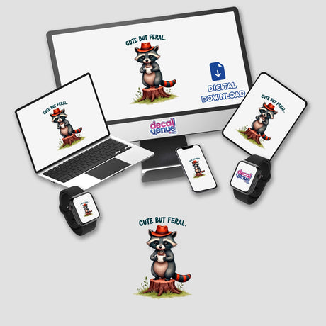 Cute But Feral Raccoon Quote displayed on a computer monitor, laptop, and smartwatch, featuring a cartoon raccoon holding a cup. Available as stickers or digital artwork from Decal Venue.