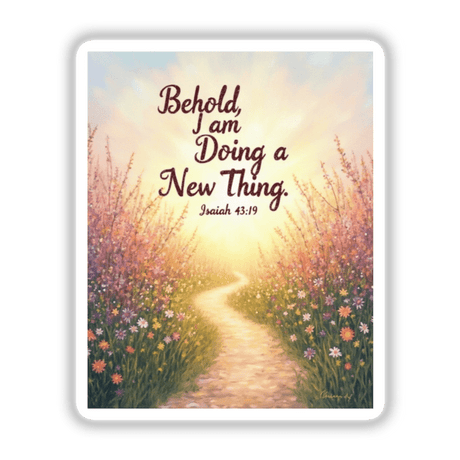 Behold, I Am Doing a New Thing – Isaiah 43:19 sticker or clipart featuring a painting of a path through a vibrant flower field, perfect for unique vinyl projects or digital art use.