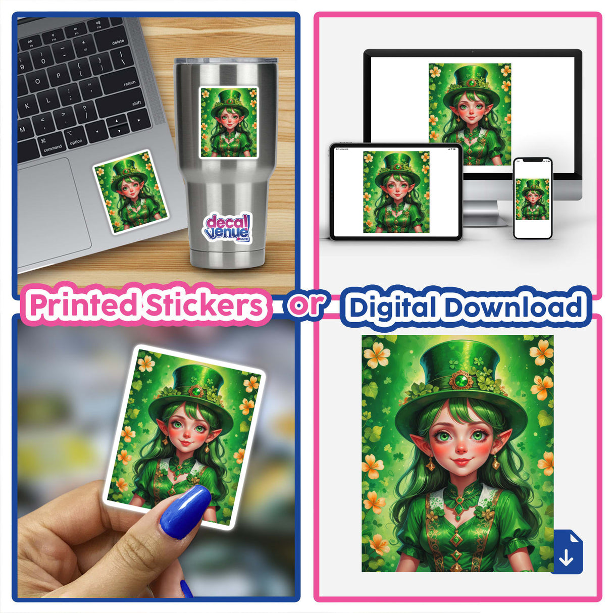 Cartoon of A Cute St. Patrick's Day Girl in a green dress and hat, available as stickers or digital artwork, highlighting playful, festive design elements aligned with Decal Venue's unique offerings.