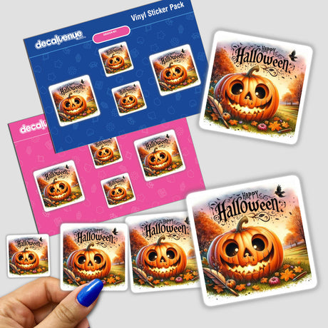 Hand holding the Bronze Halloween Series 2 sticker pack featuring pumpkin designs and text, available as stickers or digital artwork.