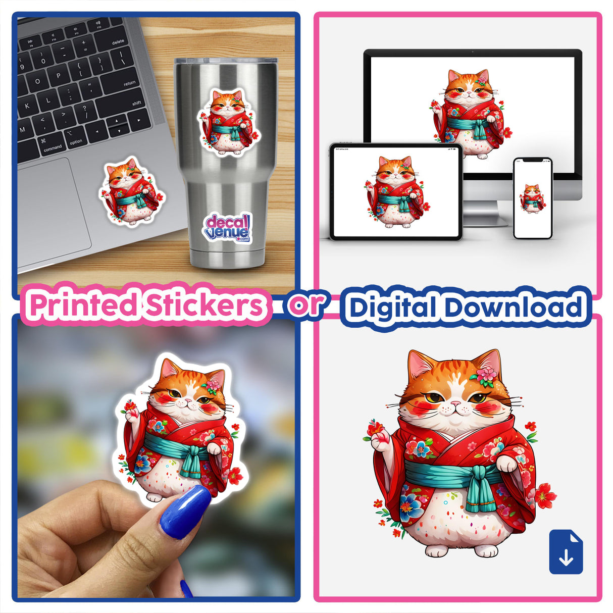 Chubby Kimono Kitty: Adorable Fat Cat in Red Robes collage featuring stickers and digital artwork of a cute, chubby cat wearing a traditional kimono.