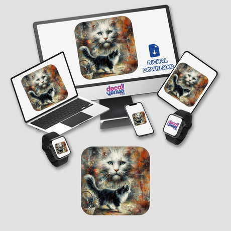 Maine Coon Kitties 3 digital artwork displayed on a laptop and monitor, featuring a cat painting. Available as stickers or digital art from Decal Venue.