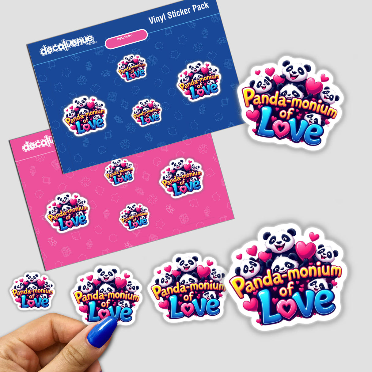 Panda Love stickers featuring cartoon pandas and hearts, available as vinyl stickers or digital artwork.