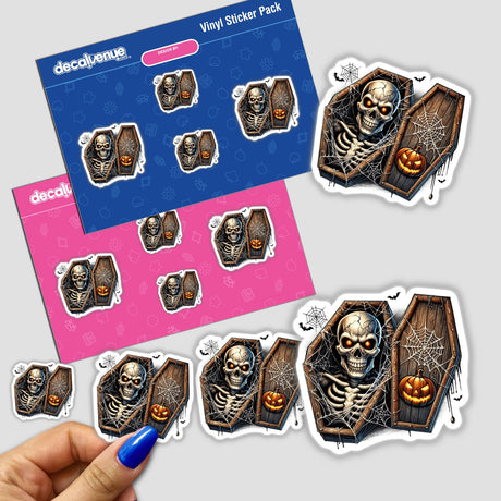 Spooky skeleton peeking out of coffin-shaped vinyl stickers in a digital artwork collection from Decal Venue, an online store featuring unique stickers and digital art.