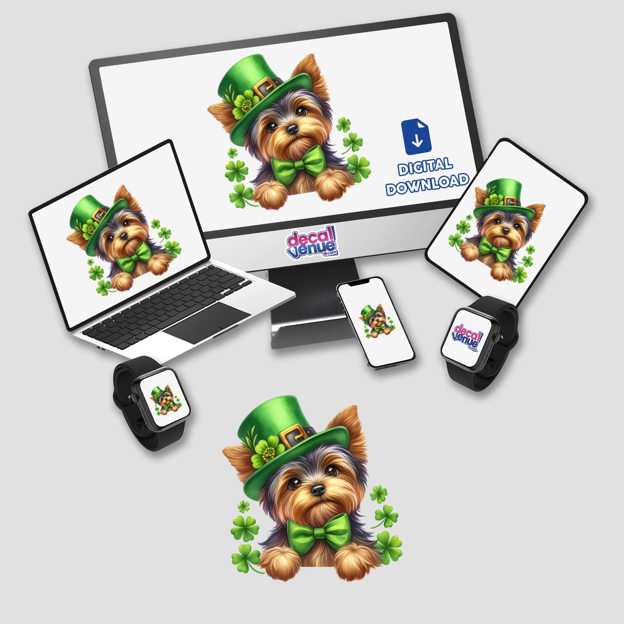 St Patricks Day Irish Yorkie Dog depicted on a computer monitor and laptop screens, showcasing a dog in a hat and bow tie, available as stickers or digital artwork from Decal Venue.