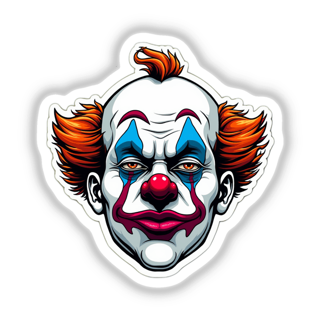 Palhaço Sério: A cartoon clown face with red hair, red nose, and blue eyes, available as stickers or digital artwork.