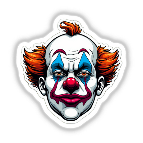 Palhaço Sério: A cartoon clown face with red hair, red nose, and blue eyes, available as stickers or digital artwork.