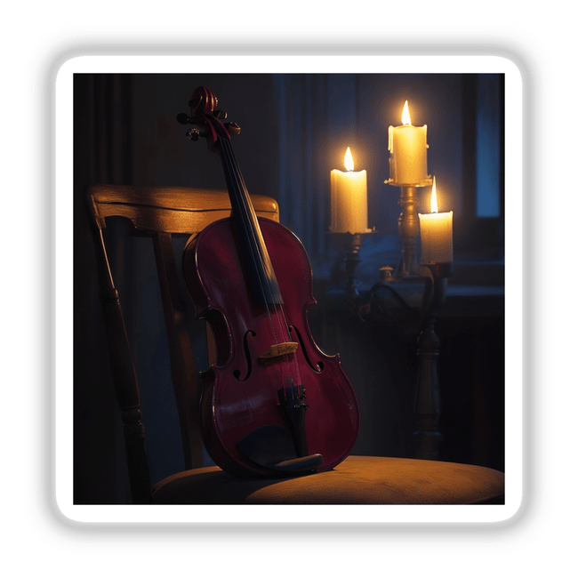 Viola in a Candlelit Room | Dark Academia Music Sticker: A sticker depicting a violin on a chair with candles in the background, embodying a cozy, classical music ambiance.