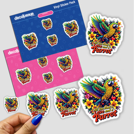 Parrot Love sticker pack featuring vibrant parrots, flowers, and heart motifs, held in hand, exemplifies Decal Venue's unique vinyl sticker collection.