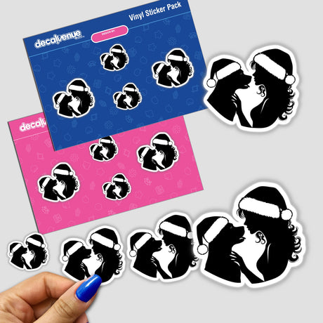 Stickers featuring Christmas Santa Lady Loves Her Pitbull Dog III design, showcasing a silhouette of a woman with a dog, available as unique stickers or digital artwork.