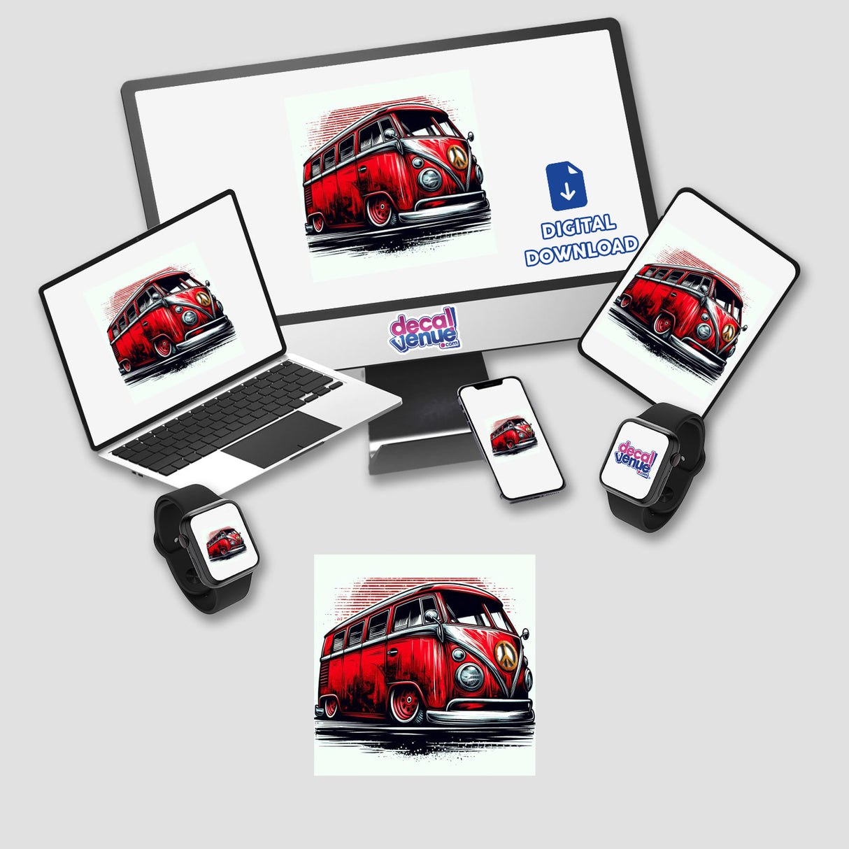 Vibrant red vintage Volkswagen Bus digital artwork displayed across various devices and products from Decal Venue's store, including a laptop, mobile phone, smartwatch, and stickers.