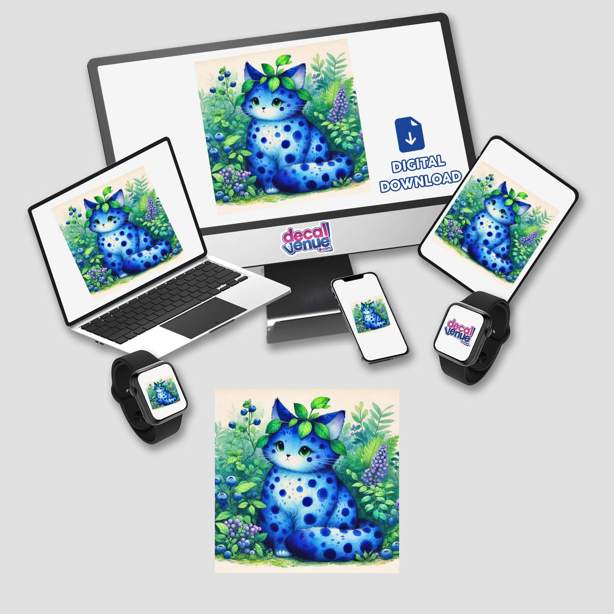 Blueberry Kitten artwork displayed on a computer monitor and laptop, featuring a whimsical cat with blue spots. Available as stickers or digital art from Decal Venue.