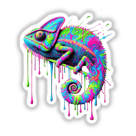 Vibrant Psychedelic Drip Chameleon - Trippy Neon Lizard depicted with paint dripping, available as stickers or digital artwork, showcasing unique and creative design elements.