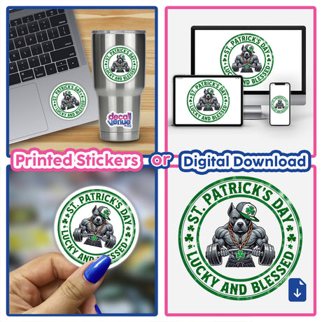 St Patricks Lucky and Blessed Pitbull sticker featuring a cartoon muscular dog lifting weights, available as a vinyl sticker or digital artwork.