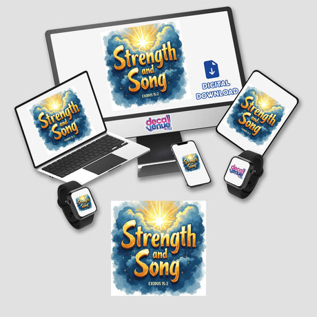 Strength and Song – Exodus 15:2 Christian Sticker or Clipart. Features a computer, laptop, and digital devices displaying related text and logos, suitable for stickers or digital artwork with commercial rights.