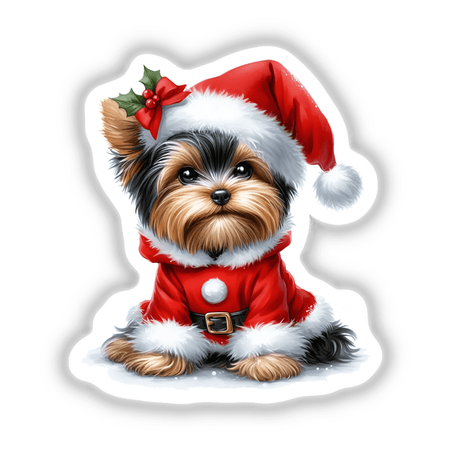 Christmas Yorkie Dog in Santa Outfit featuring a dog wearing a festive Santa hat and coat, perfect for stickers or digital artwork from Decal Venue's unique collection.