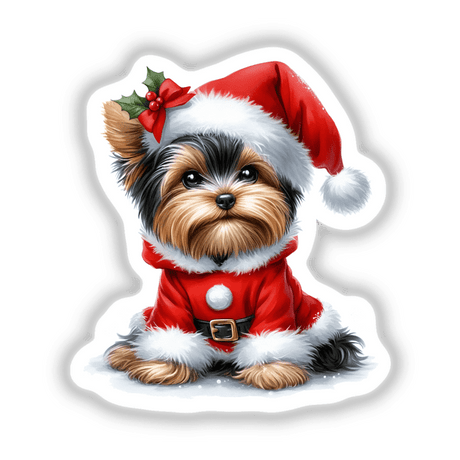 Christmas Yorkie Dog in Santa Outfit featuring a dog wearing a festive Santa hat and coat, perfect for stickers or digital artwork from Decal Venue's unique collection.