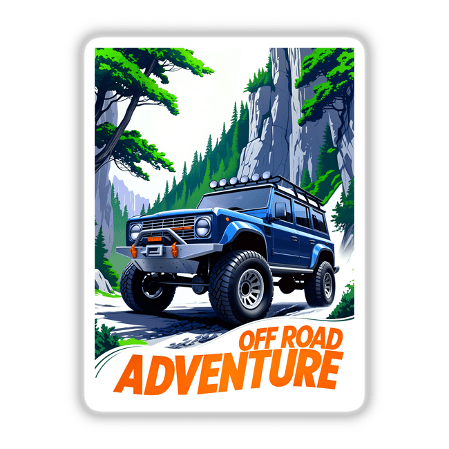 Off Road Adventures 4x4 Car poster featuring a rugged blue vehicle on a mountain, highlighting large tires and intricate details. Available as stickers or digital artwork from Decal Venue.