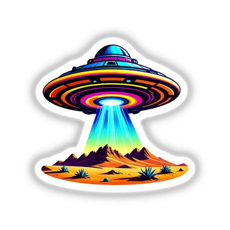 A UFO flying over the desert, depicted with a rainbow light beaming down, available as stickers or digital artwork from Decal Venue, known for unique designs.