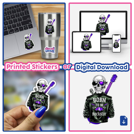 Born To Be A Rockstar sticker collage featuring laptops adorned with stickers and a skull in a leather jacket holding a microphone, available as stickers or digital artwork.