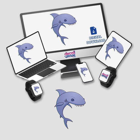 Sharky sticker featuring a cartoon shark with sharp teeth displayed on various devices, including a computer monitor and a laptop, capturing the playful essence of Decal Venue's unique sticker collection.