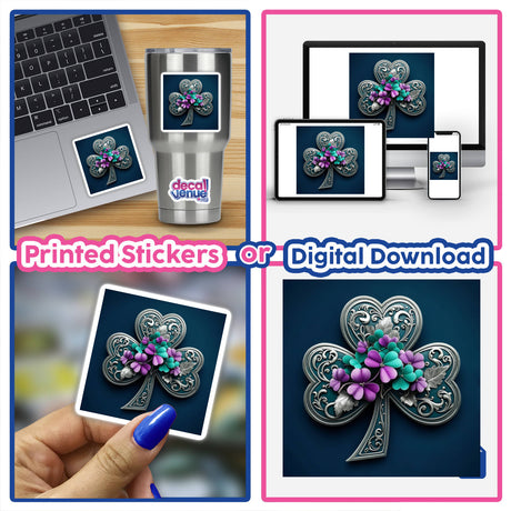 Silver Filigree Shamrock – Ornate Clover with Vibrant Floral Accents, featured as stickers or digital artwork, depicting intricate silver detailing and vibrant floral motifs on various tech accessories.