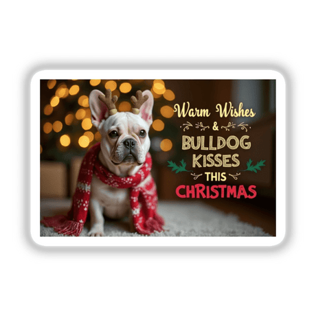 French Bulldog wearing a red scarf and antlers, part of the “Warm Wishes & Bulldog Kisses” Christmas Design, available as stickers or digital artwork from Decal Venue.