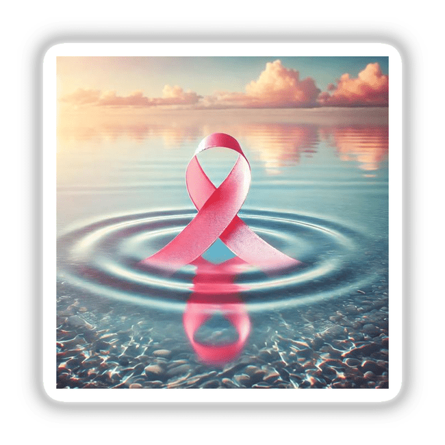 Healing Waters - Pink Ribbon Floating on a Calm Sea, available as stickers or digital artwork. The serene scene depicts a pink ribbon gently drifting on tranquil water.