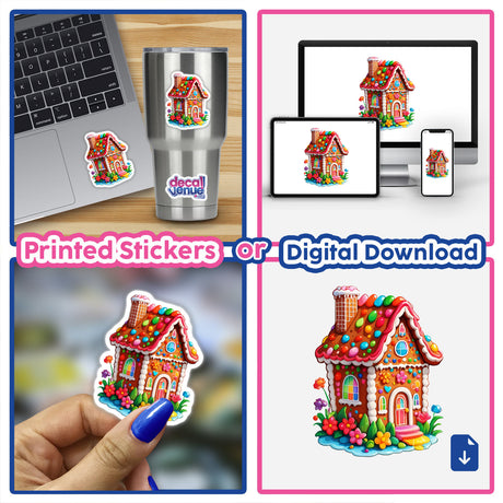 Adorable Gingerbread House Sticker - Delightful Kawaii Holiday Design featuring a collage of stickers, including a gingerbread house with flowers, displayed on various items like a laptop and cup.