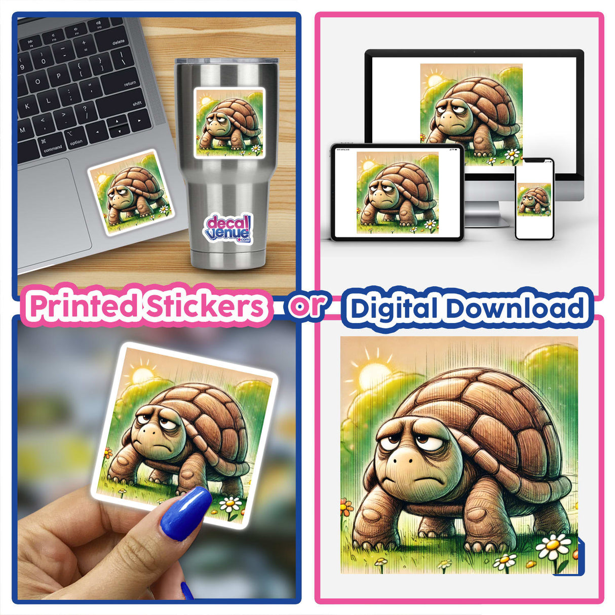 Collage featuring Grumpy Turtle in a Meadow stickers or digital artwork, showcasing close-ups, hand-held images, and cartoon depictions of the turtle on computers and keyboards.