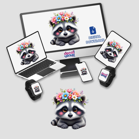 Adorable Dolphin Wearing a Floral Crown featured on devices including a laptop and smartwatch, available as unique stickers or digital artwork, highlighting Decal Venue's playful cartoon style.