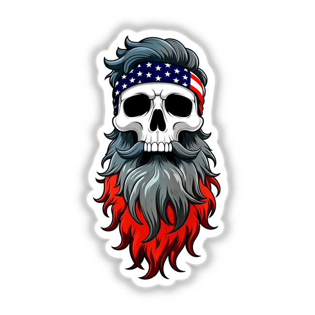 A Cool Skull With An American Flag Bandana, featuring a bearded skull with a hat, available as stickers or digital artwork from Decal Venue, specializing in unique vinyl stickers and digital art.