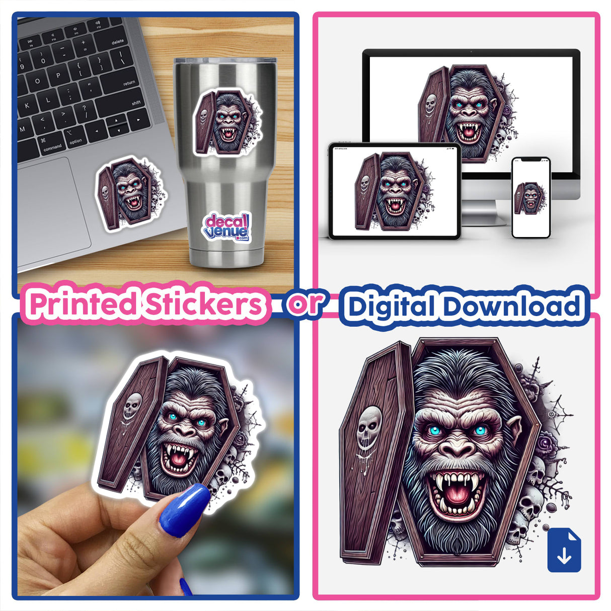 Spooky Sasquatch Vampire Halloween Digital Artwork - Featuring a fearsome, fanged creature with glowing eyes on a laptop, phone, and sticker decal.