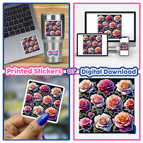 Collage of stickers featuring Beautiful Lush Roses, showcasing detailed floral designs available as vinyl stickers or digital artwork from Decal Venue.