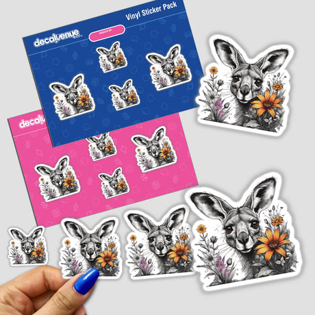 Kangaroo portrait with vibrant floral accents on decorative vinyl stickers. These unique digital art stickers from Decal Venue feature a striking kangaroo design surrounded by colorful blooms.