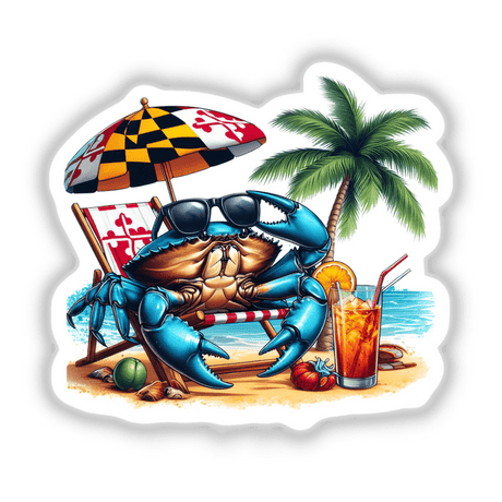 Maryland Shore Blue Crab Sitting in Beach Chair, featuring a detailed cartoon crab on a beach chair, with a colorful umbrella and a glass of orange liquid nearby, available as stickers or digital artwork.