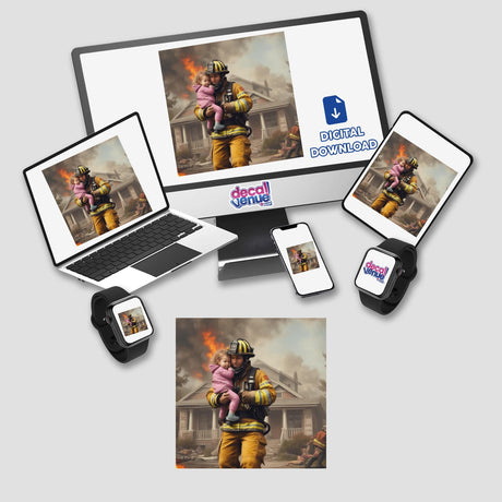 Hero Series 3 digital artwork: a firefighter holding a baby, displayed on a laptop screen. Available as stickers or digital art from Decal Venue.