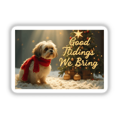 Good Tidings We Bring Shih Tzu Christmas Sticker and Clipart features a Shih Tzu wearing a red scarf, sitting in snow beside a decorated Christmas tree, available as stickers or digital artwork.