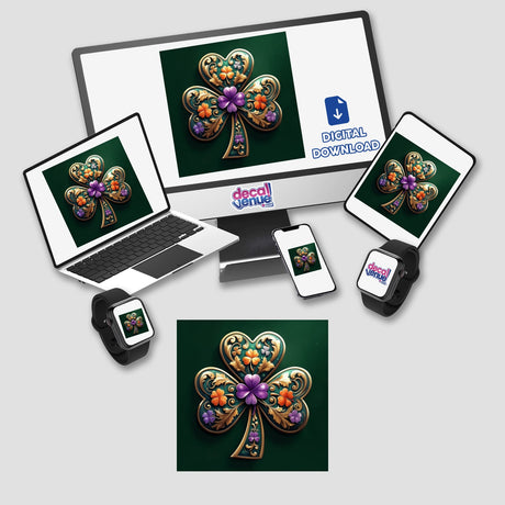 Baroque Shamrock – Ornate Clover with Gold Filigree and Colorful Flowers displayed on a computer monitor and laptop, highlighting its availability as stickers or digital artwork from Decal Venue.