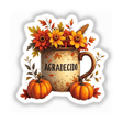 Fall Aesthetic Mug Clipart featuring pumpkins, flowers, and leaves with the Spanish word Agradecido for grateful. Available as stickers or digital artwork.