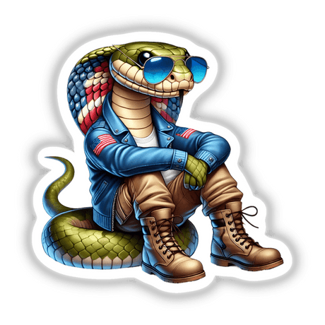 Colorful digital artwork depicting a smiling snake wearing a denim jacket, boots, and sunglasses, creating a stylish and playful character.