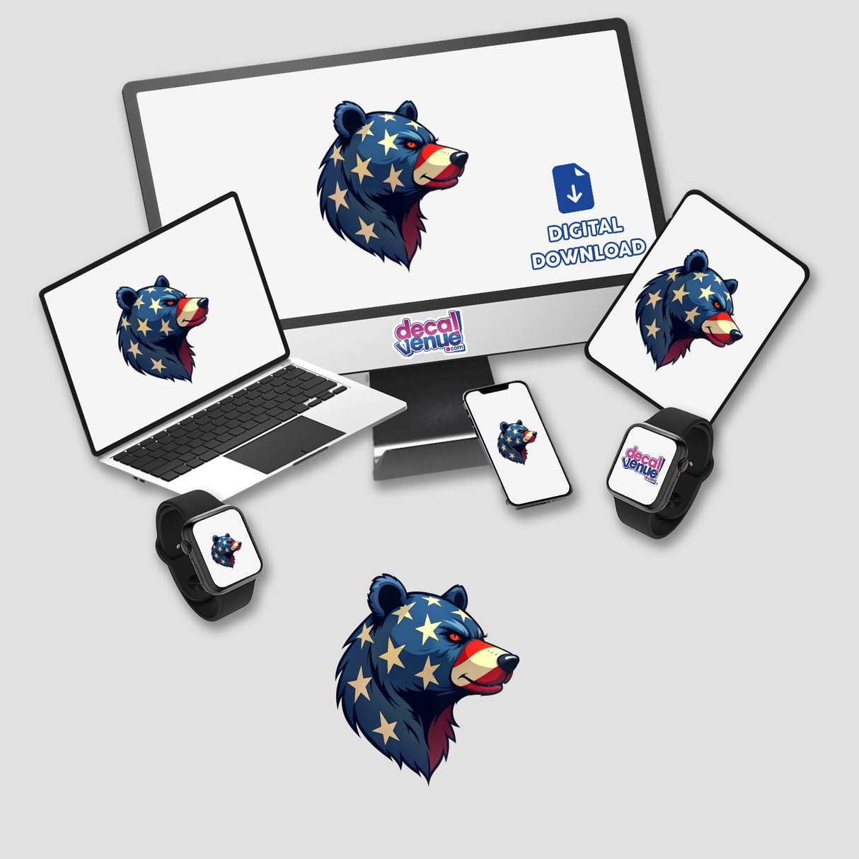 A Cool American Flag Bear displayed on a computer monitor and laptop screen, available as unique stickers or digital artwork from Decal Venue.