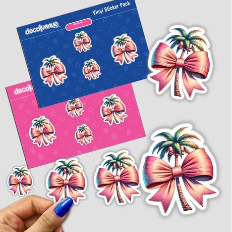 Colorful palm tree stickers with pink bows displayed on a Decal Venue vinyl sticker pack, featuring vibrant tropical designs for personal expression.