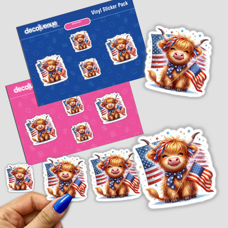 Patriotic Highland Cow American Flag Splatter - Colorful digital artwork featuring an adorable highland cow with an American flag design, presented in a vinyl sticker pack.