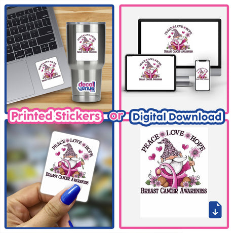 Gold Breast Cancer Series 8: Collage showing a laptop with a sticker, a close-up of a stainless steel tumbler, and digital artwork of a gnome holding flowers. Available as stickers or digital artwork.