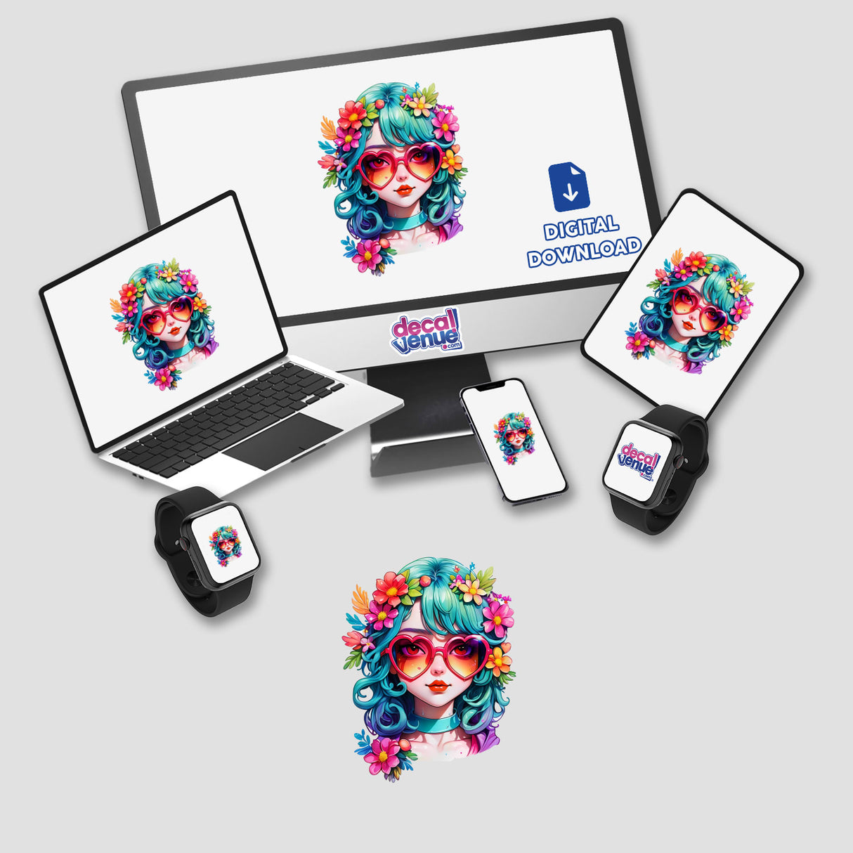 Adorable Girl in Heart Sunglasses Sticker - Trendy Kawaii Fashion Design displayed on a laptop and computer monitor, showcasing a cartoon girl with flowers in her hair and heart-shaped sunglasses.