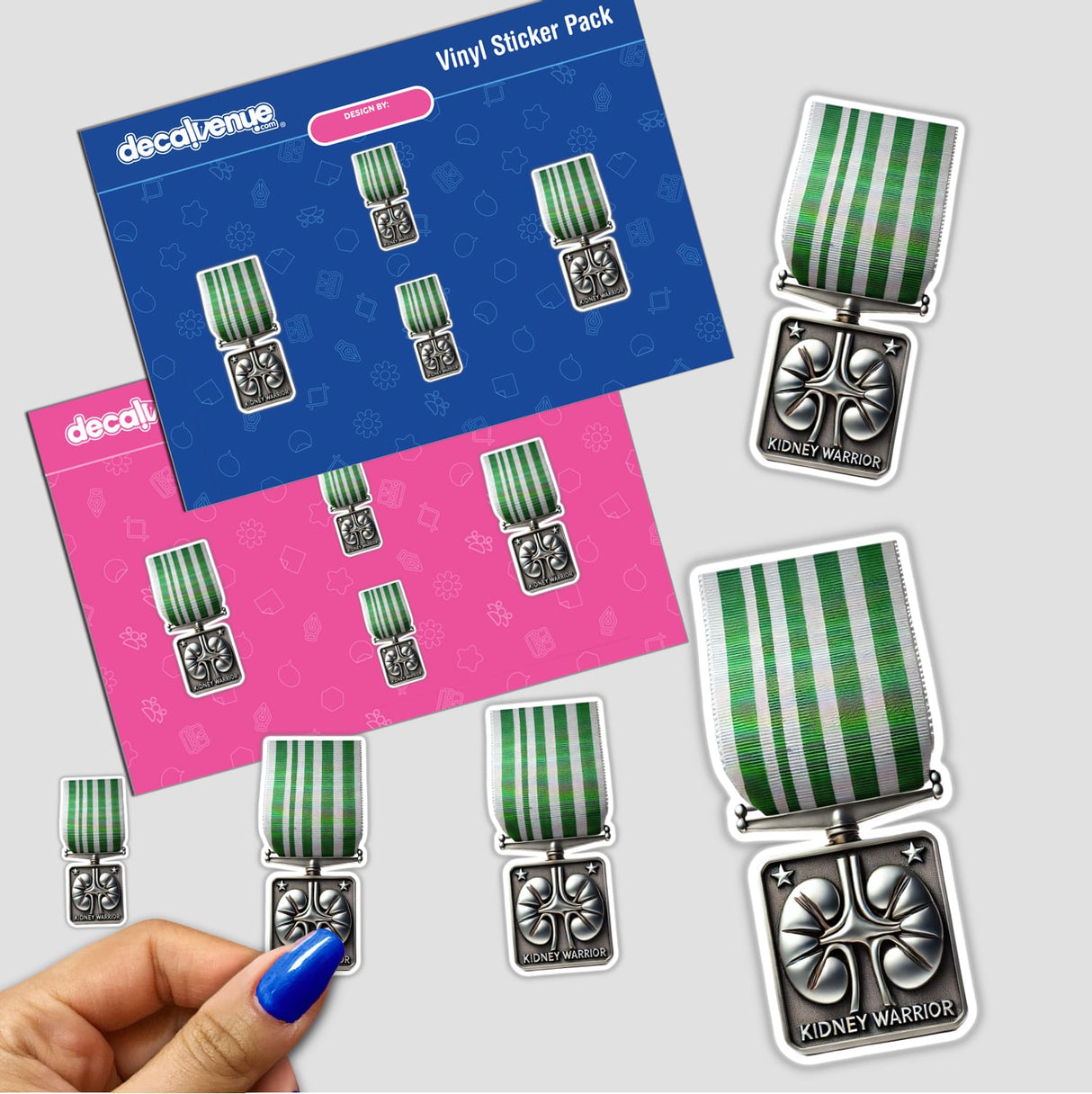 Kidney Warrior Medal Sticker – Stylish green and white striped medal decals expressing strength and resilience for Decal Venue customers.