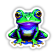 A Colorful Jungle Frog cartoon with big eyes, available as stickers or digital artwork, showcasing its vibrant design, perfect for adding a unique touch from Decal Venue.