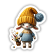 Adorable lamb gnome wearing a cozy knitted hat holding a basket filled with colorful flowers and berries